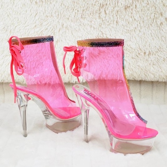 Golden Bulls Clear Pink Heels With Rhinestone s Trim - Picture 3 of 7